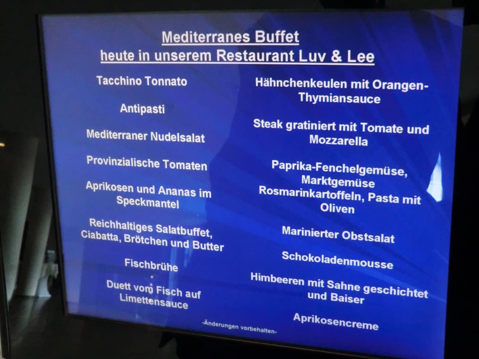 Speiseplan Büffet Precise Resort Hafendorf Rheinsberg