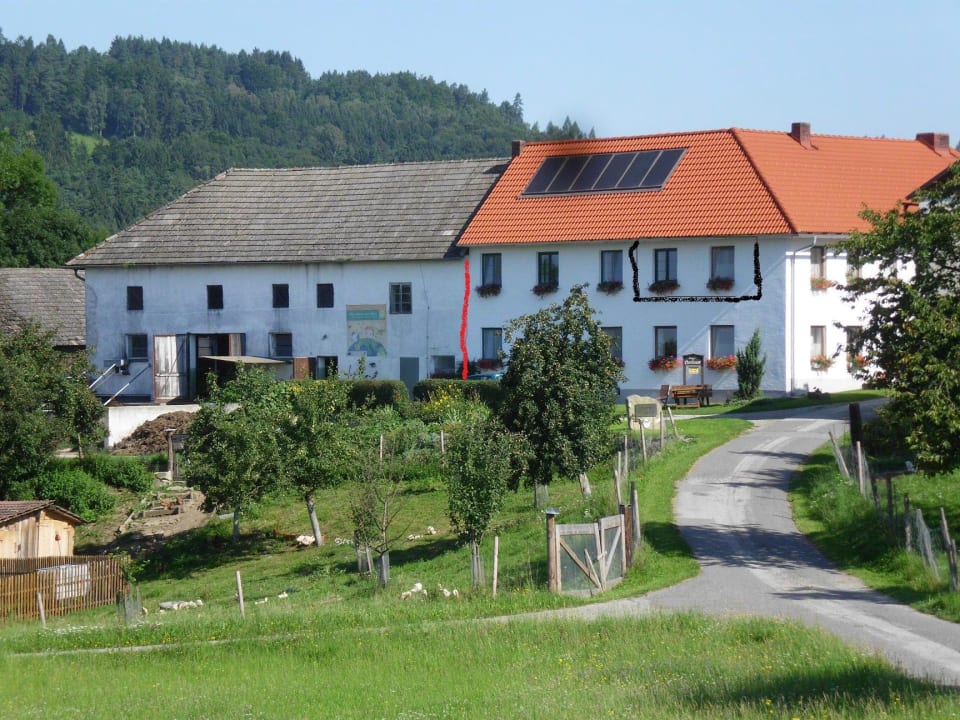 Links der Kuhstall, rechts die Ferienwohnung Bauernhof Prangl