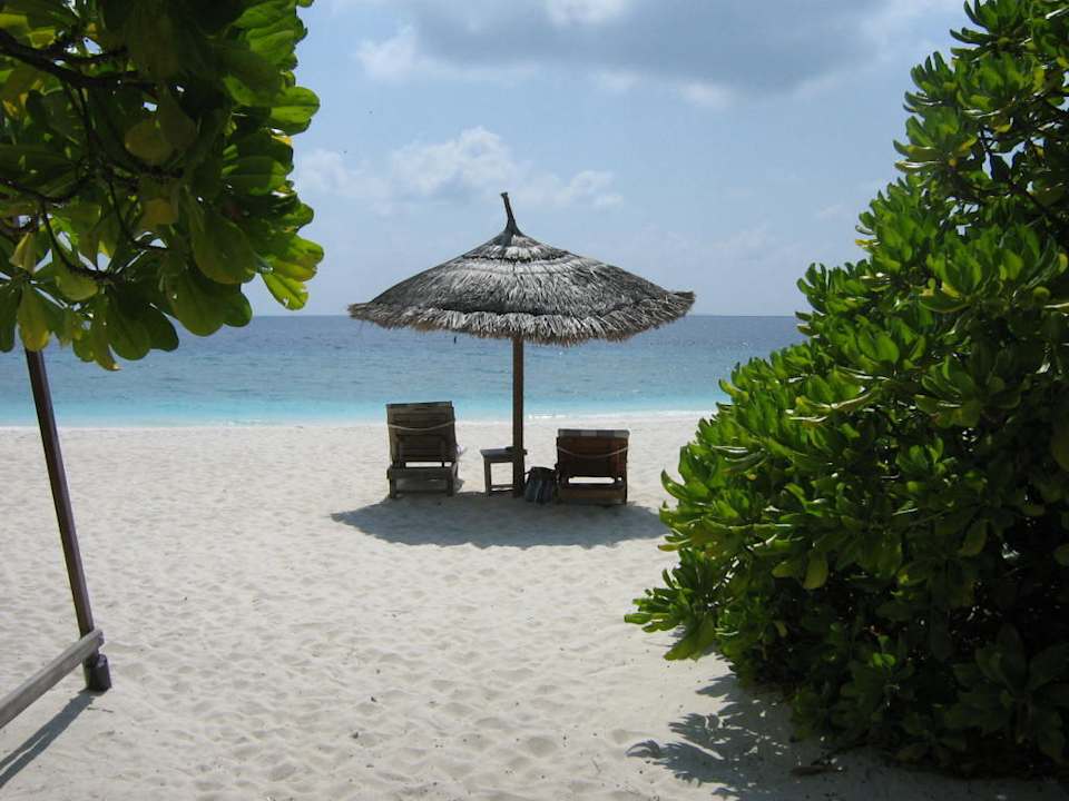 Blick vom Bungalow zum Strand aus unsere Liegen NH Collection Maldives Reethi Resort