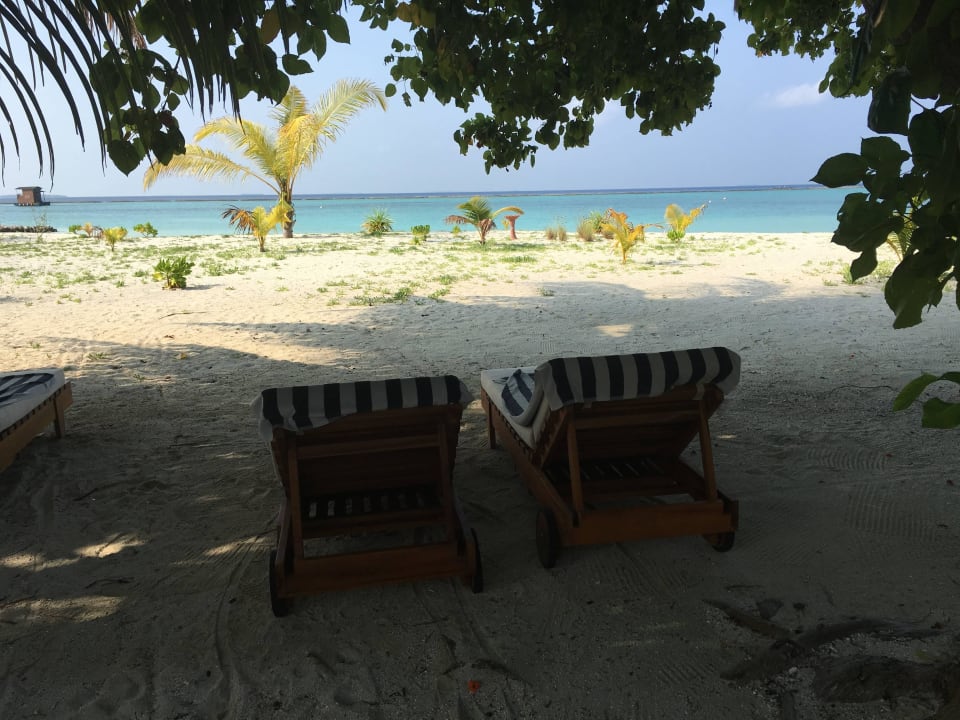 Bequeme Liegen vor unserem Bungalow Adaaran Select Meedhupparu Island Resort - Premium All Inclusive