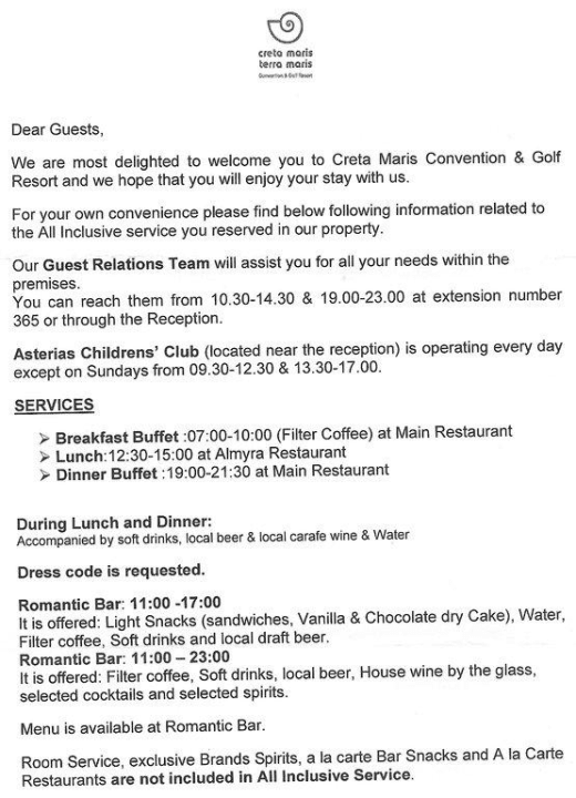 Dear Guests Creta Maris Resort