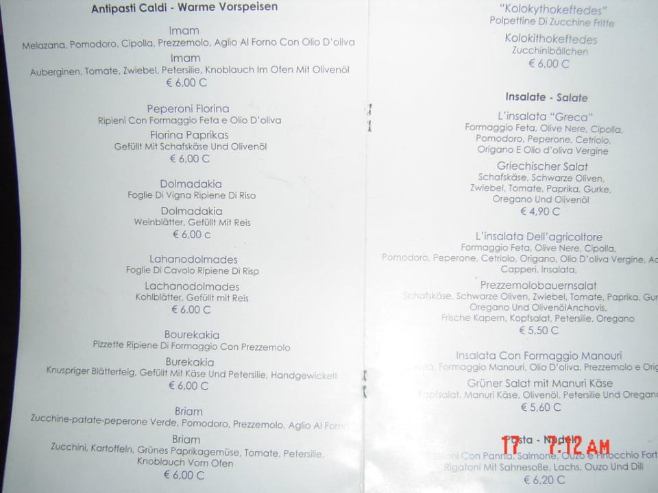 Speisekarte TUI BLUE Oceanis Beach and Spa Resort