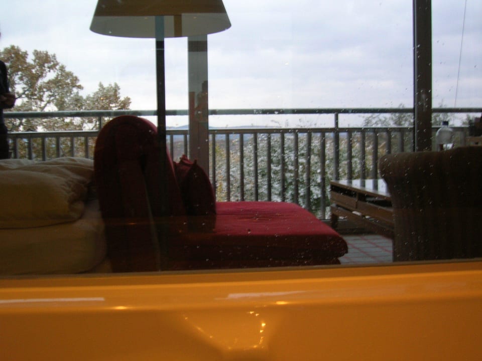 Blick aus der Badewanne zum Wald Berghotel Tulbingerkogel