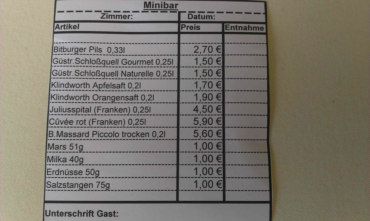 Preisliste Minibar altGlowe Hotel Garni