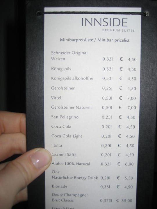 Minibar Preisliste INNSIDE by Meliá Frankfurt Eurotheum