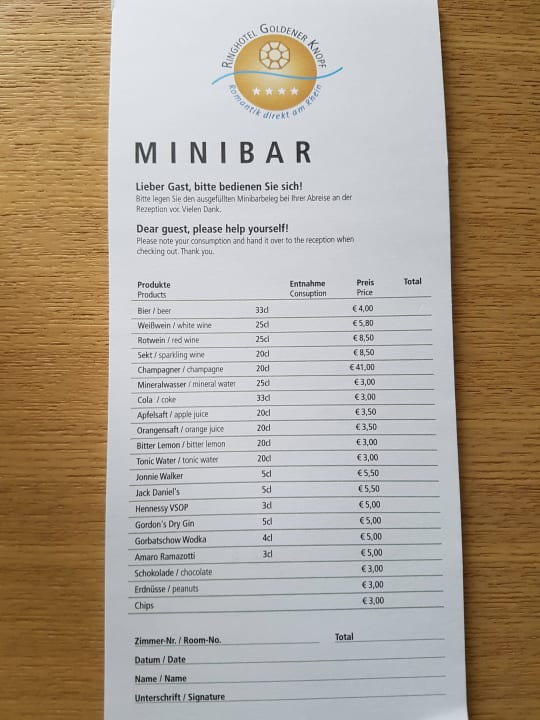Minibarpreise Hotel Goldener Knopf