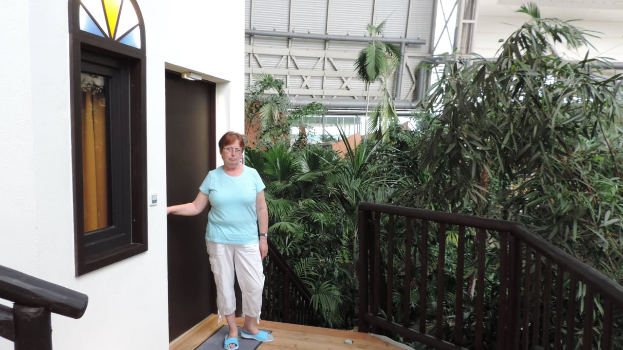 Am Eingang von Palmen umgeben Tropical Islands Resort