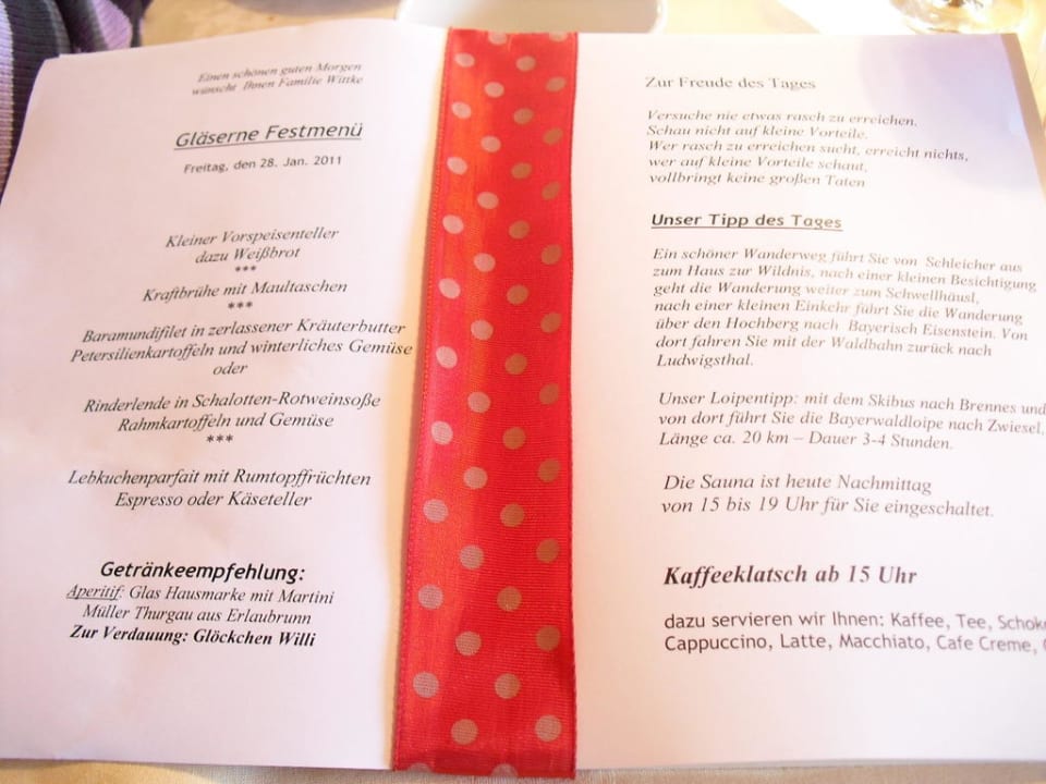 Diese Karte gab´s schon morgens zum Auswählen GlasHotel Zwiesel