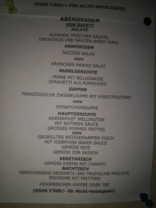 Typische Speidekarte Diani Sea Resort