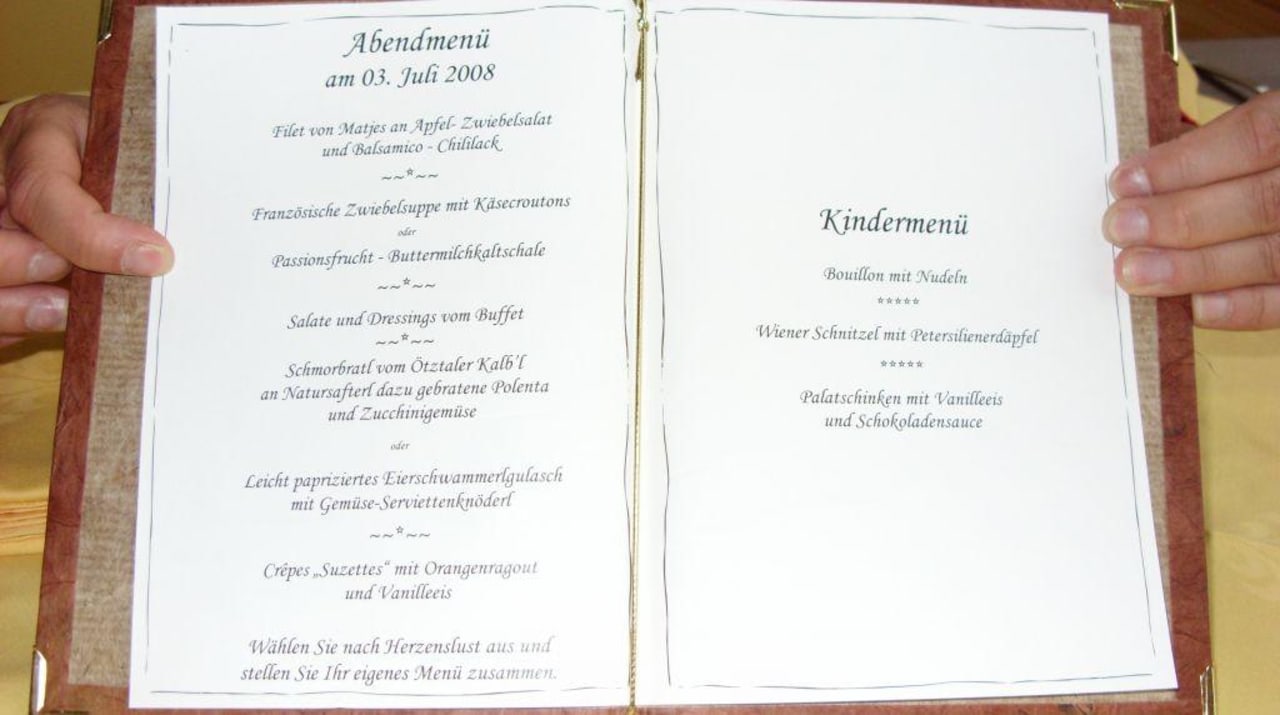 Menukarte am Abend Hotel Liebe Sonne