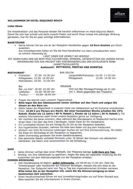 Informartionen zum Aufenthalt allsun App.-Hotel Esquinzo Beach