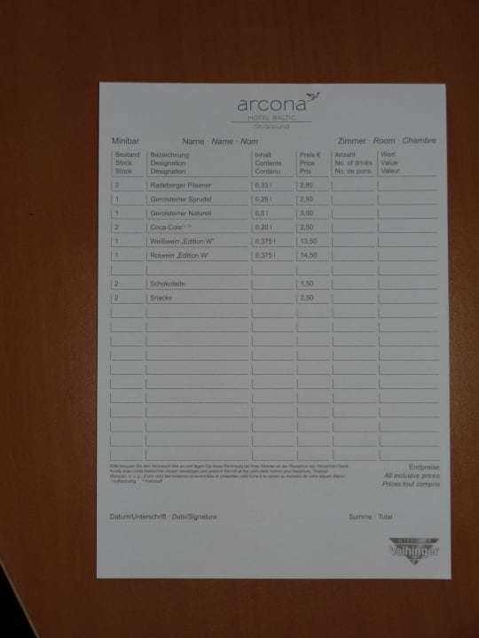 Minibarpreise Hotel Baltic Stralsund