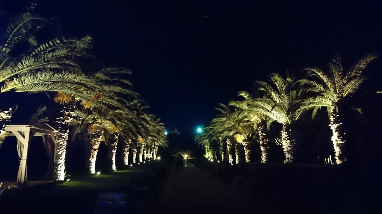 Weg zum Strand, toll beleuchtet am Abend Caravia Beach Hotel