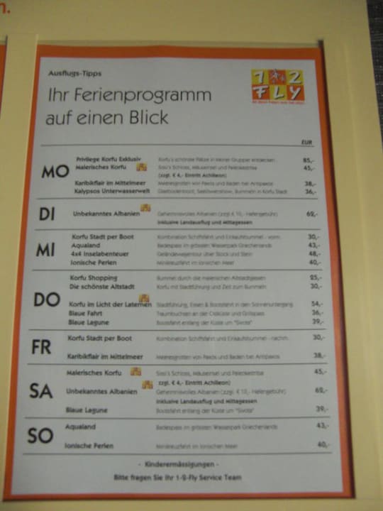 Ausflugsliste von 1-2 fly Acharavi Beach Hotel