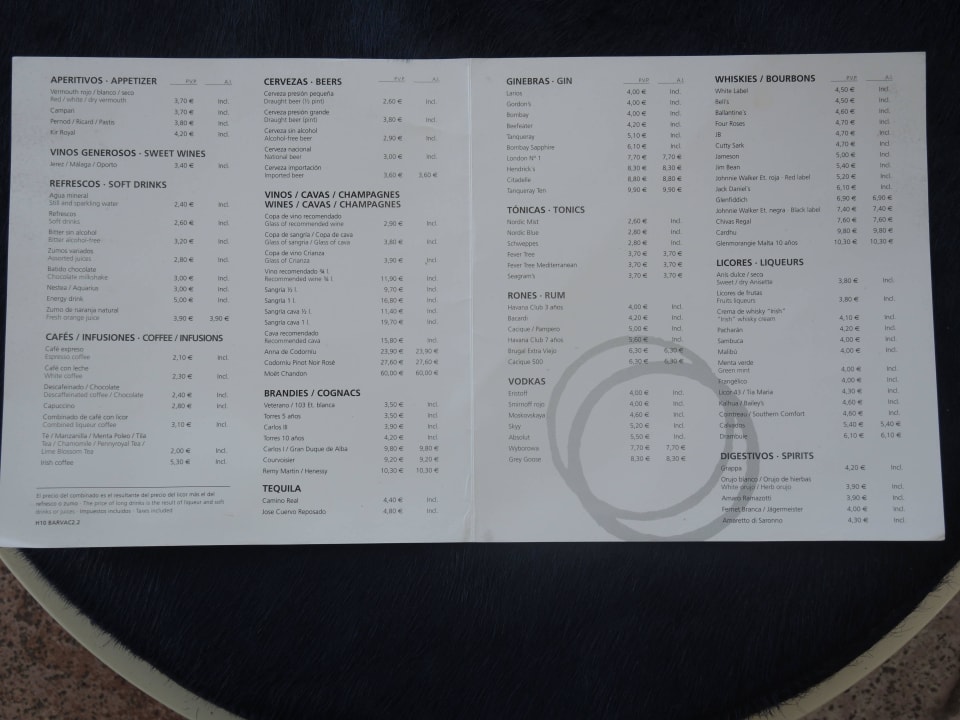 Preisliste Getränke H10 Timanfaya Palace - Adults only