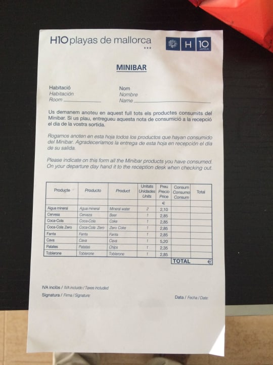 Minibar - Preise H10 Casa del Mar