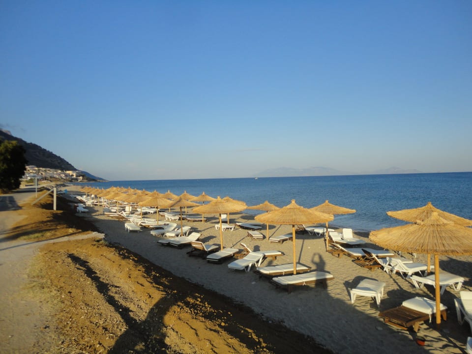 Strand mit Liegen und Schirmen Akti Palace Resort & Spa