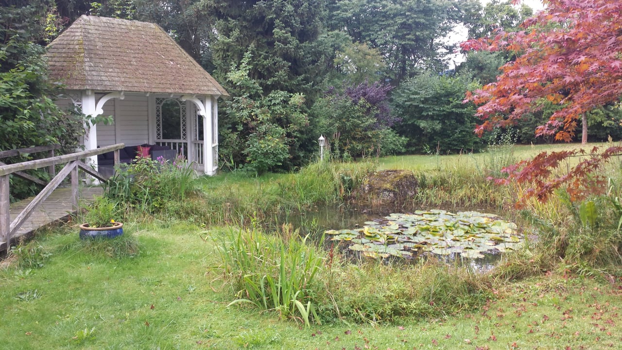 Der Garten mit Teich und Pavillon Landhaus Wiesemann - Ferienwohnungen in Bestlage