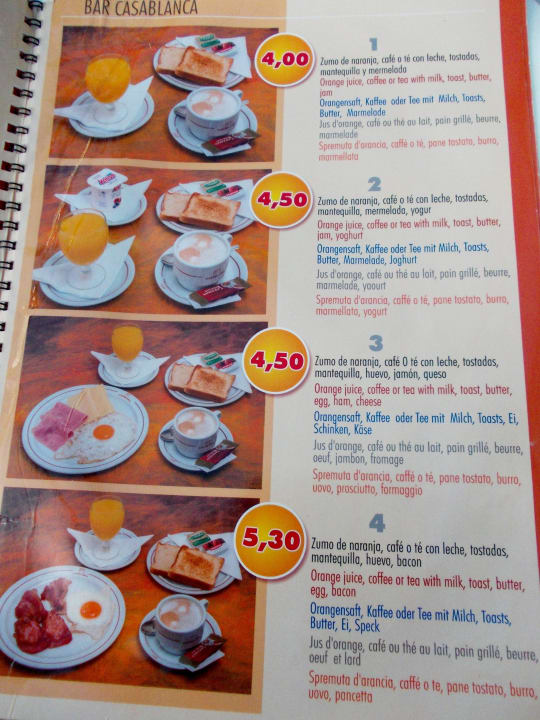 Frühstückskarte  Apartamentos Casablanca