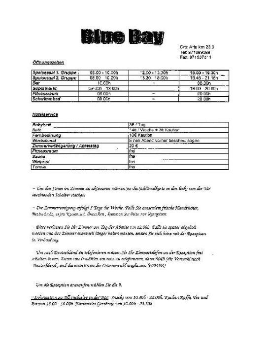 Info Blatt des Hotels beim Einchecken Valentin Playa de Muro