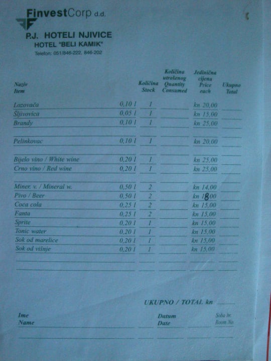 Beli Kamik I - Preisliste der Minibar Magal Maradiso Hotel by Aminess