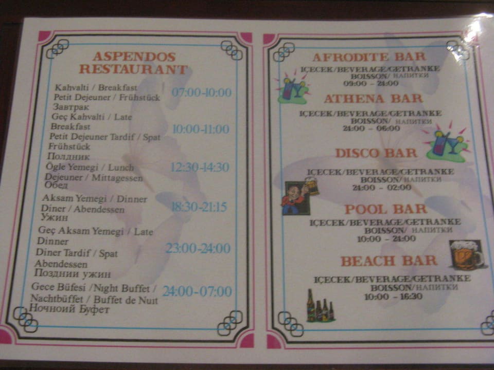Öffnungszeiten der Restaurants und Bar Papillon Belvil