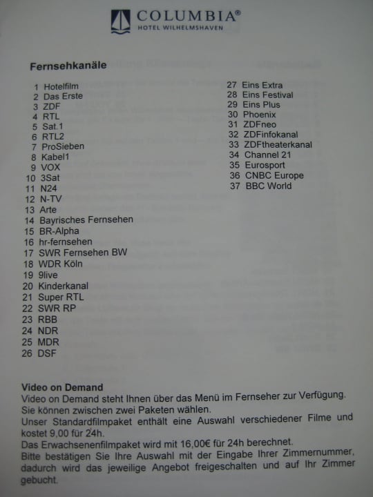 Fernsehkanäle/Video on Demand ATLANTIC Hotel Wilhelmshaven