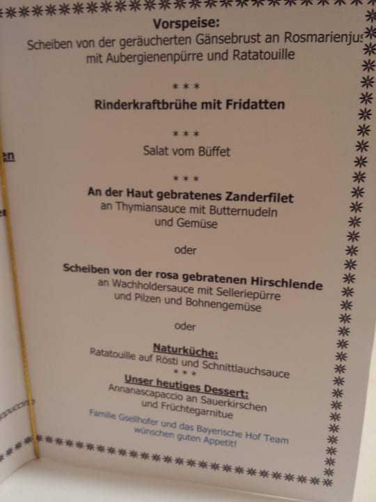 "5-Gänge-Menü-Karte" Wellness Sport Hotel Bayerischer Hof (Rimbach