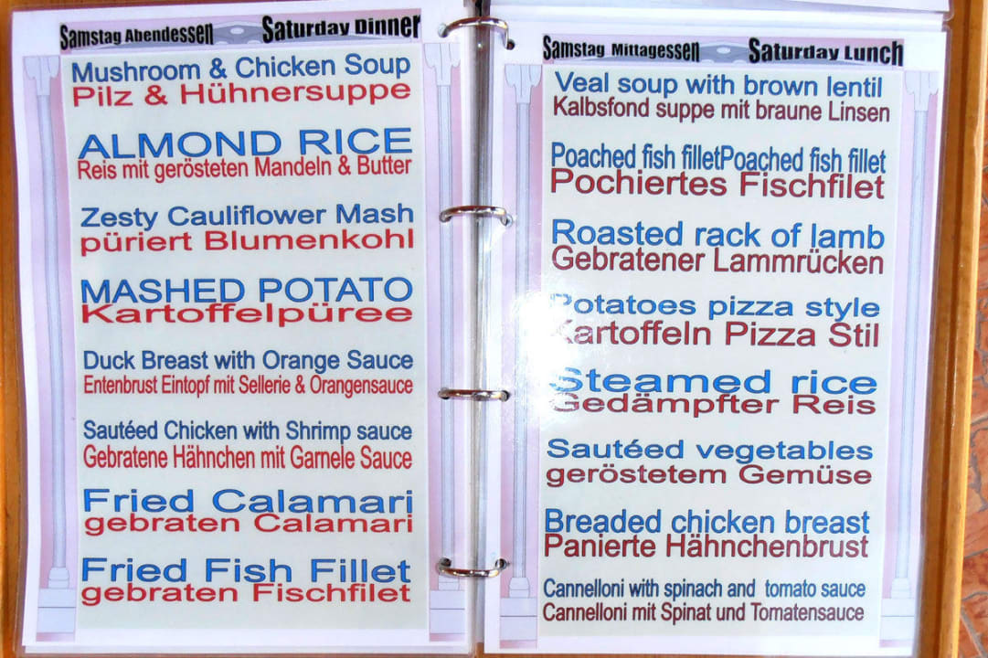 Speisekarte im Hauptrestaurant Pickalbatros Alf Leila Wa Leila Resort - Neverland Hurghada