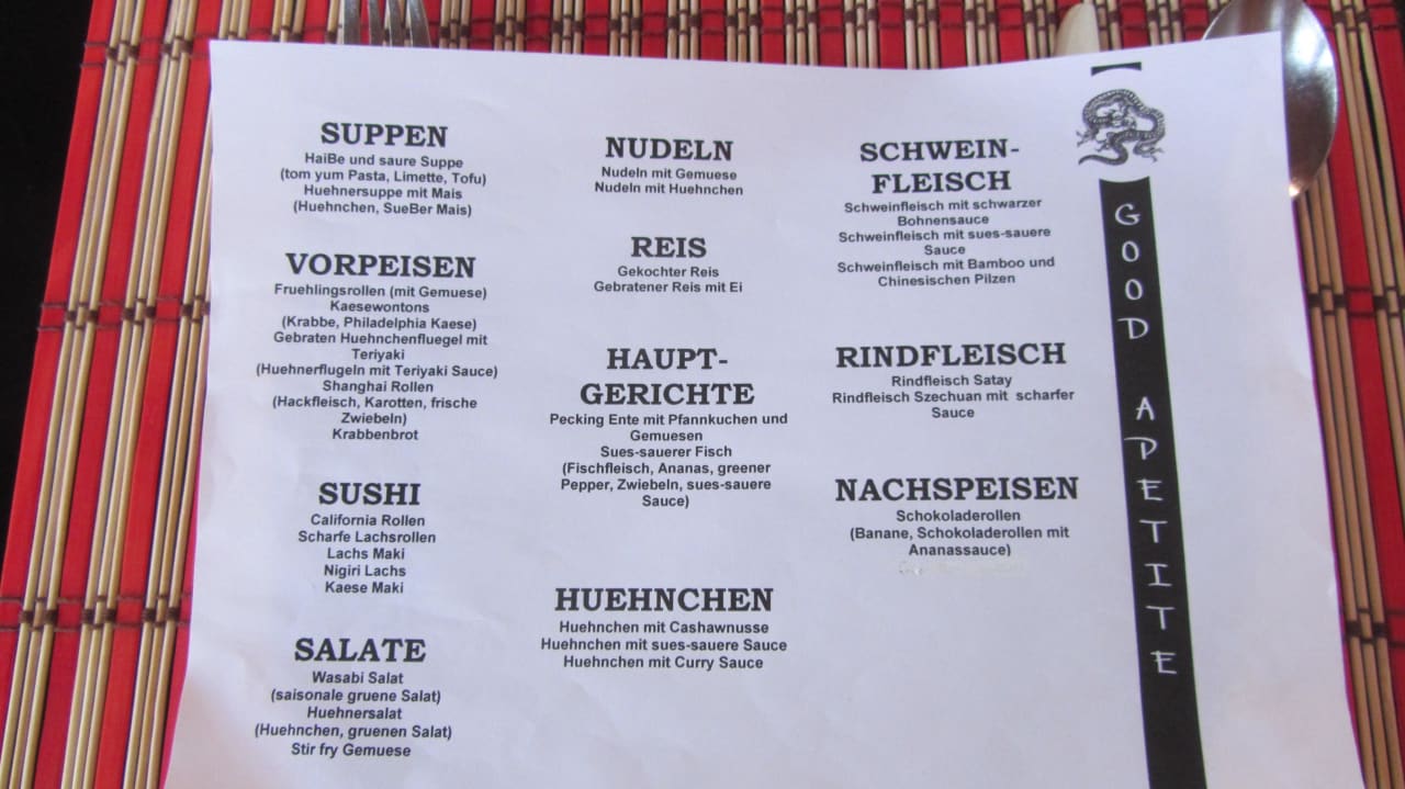 Speisekarte Chin. Restaurant Mitsis Selection Rinela