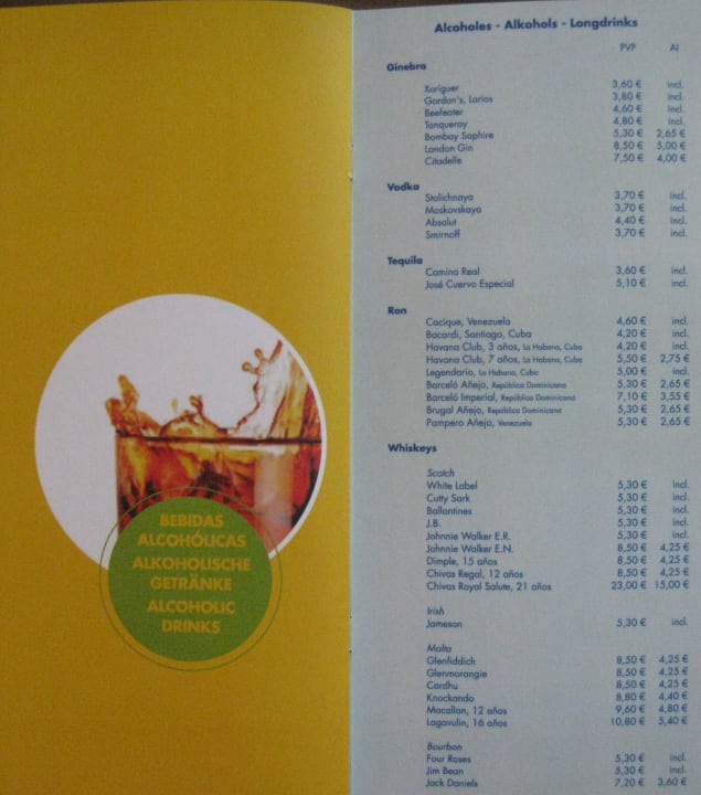 Preise Lobby-Bar Longdrinks TUI BLUE Isla Cristina Palace