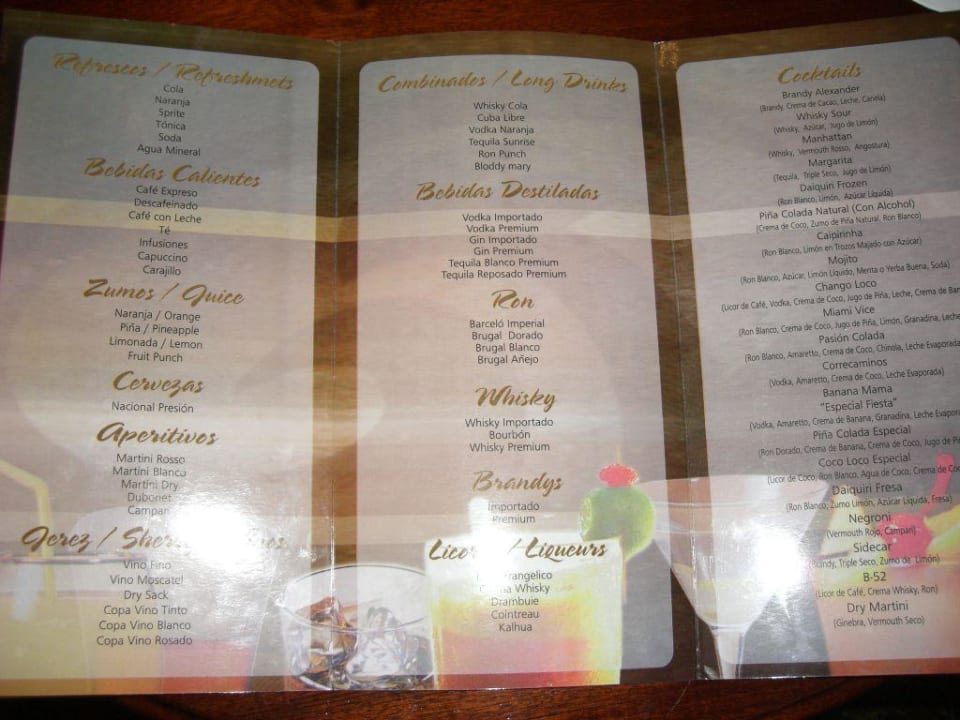 Cocktailkarte der Hemmingway Bar Grand Palladium Select Bávaro Resort & Spa