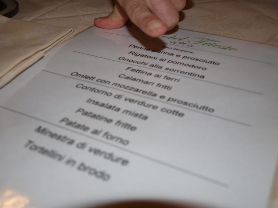 Jídelní lístek k večeři Hotel Trieste