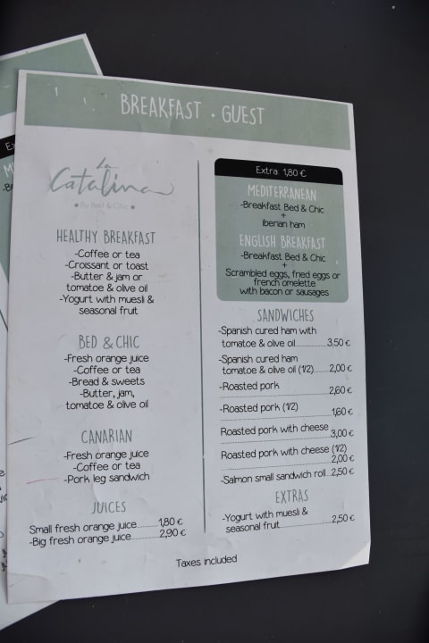 Frühstückskarte Bed&Chic Las Palmas