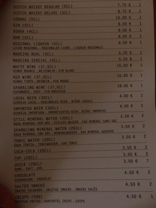 Minibar Preisliste Hotel The Cliff Bay (PortoBay)