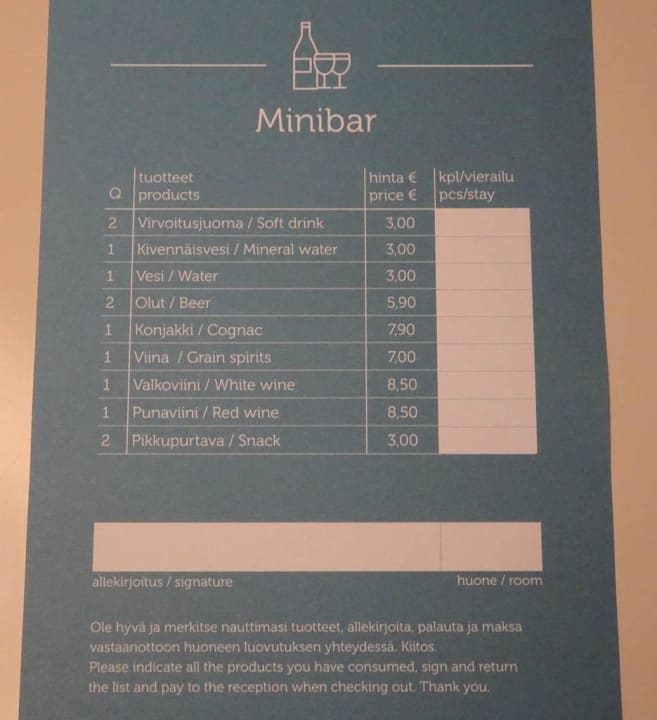 Minibar pricelist Scandic Imatran Valtionhotelli