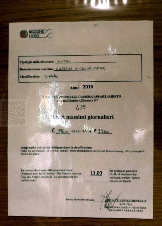 Zimmernachweis und Preisliste Hotel Cardinal Saint Peter