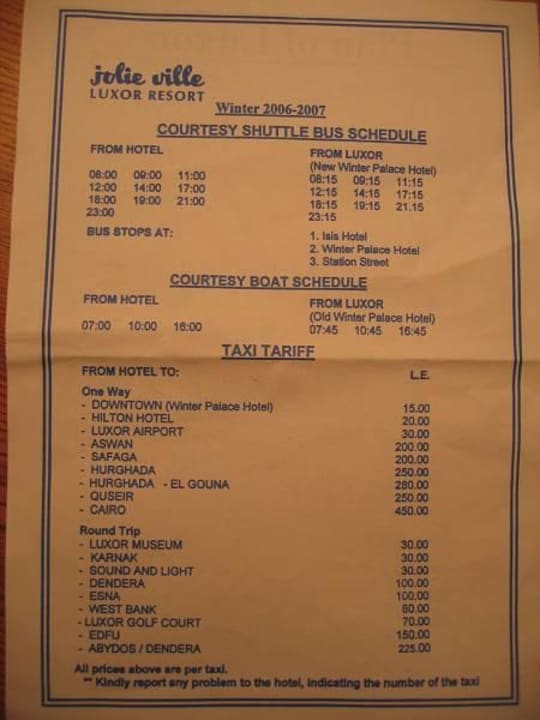 Shuttle-/Taxiliste Jolie Ville Kings Island Luxor