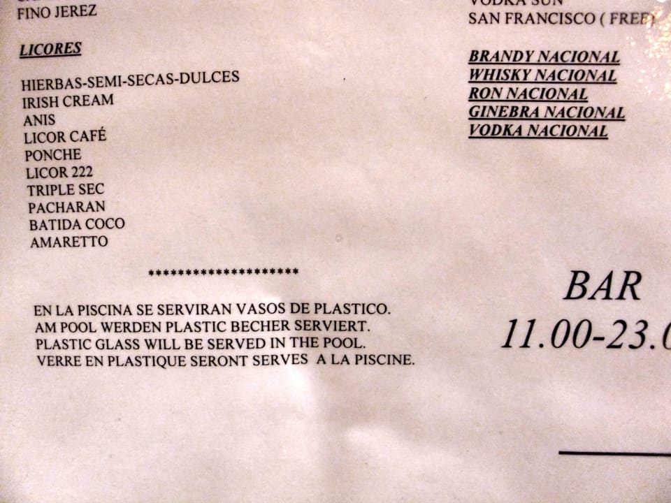 All inclusive Getränkekarte Teil II Hotel Boreal