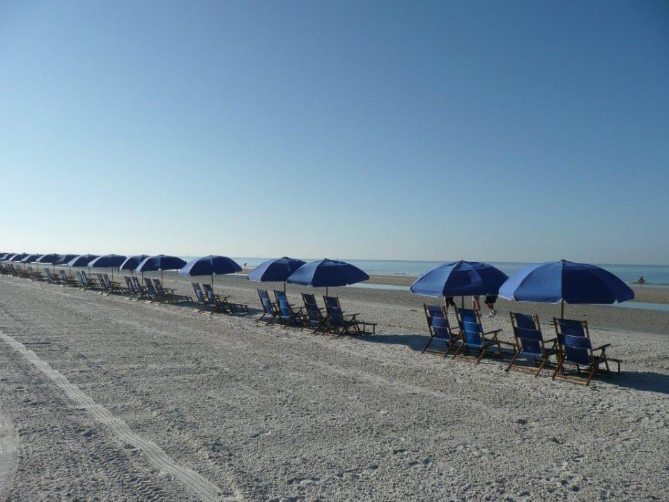 Sonnenschirme und Liegen vor dem Hotel Hotel Pink Shell Beach Resort