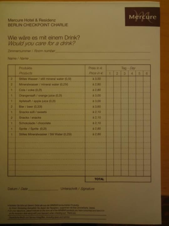 Minibar Mercure Hotel & Residenz Berlin Checkpoint Charlie