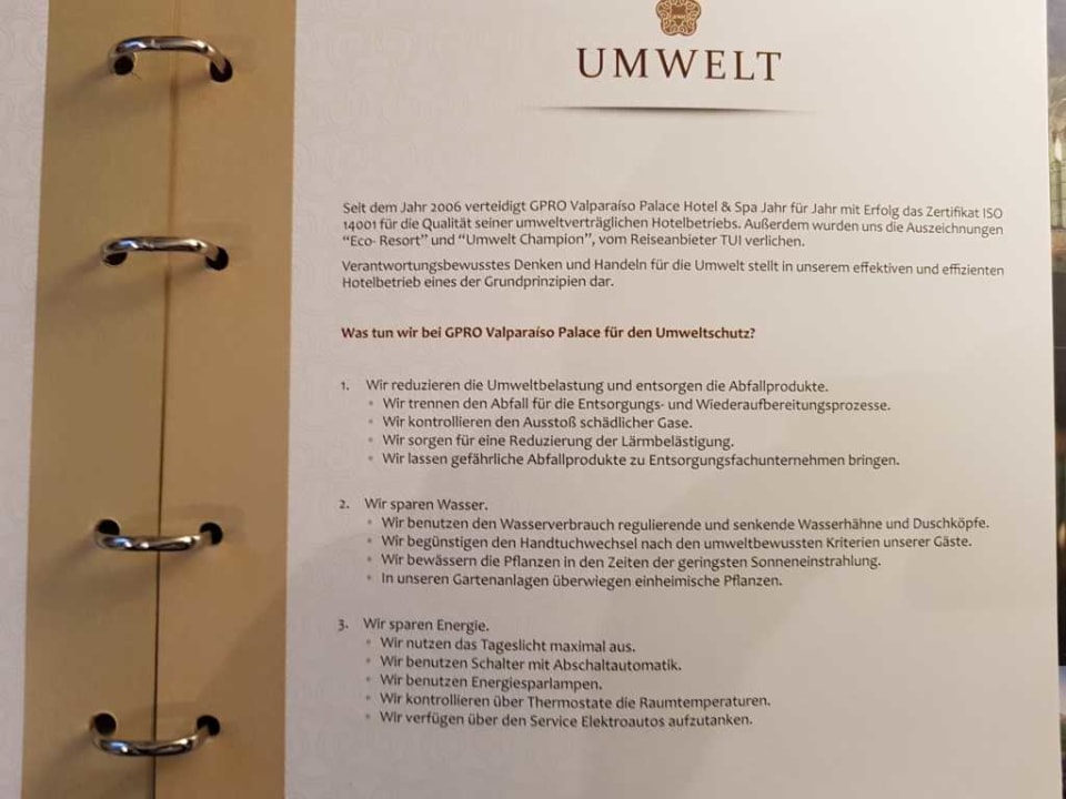 Die Zimmermappe  GPRO Valparaiso Palace & Spa