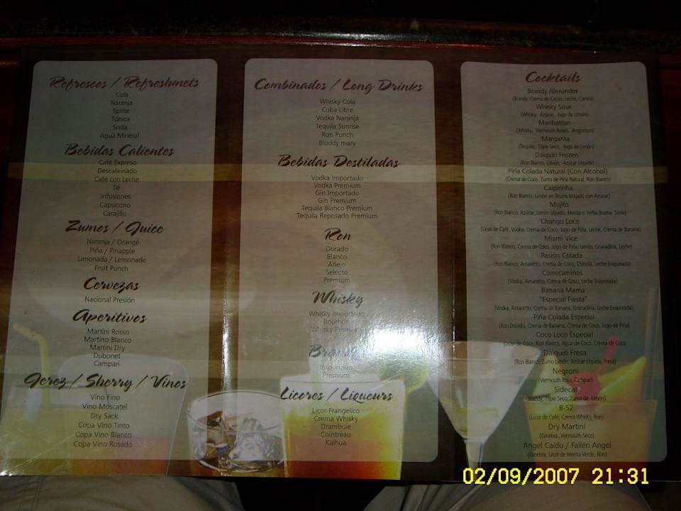 Die Cocktailkarte Grand Palladium Select Bávaro Resort & Spa