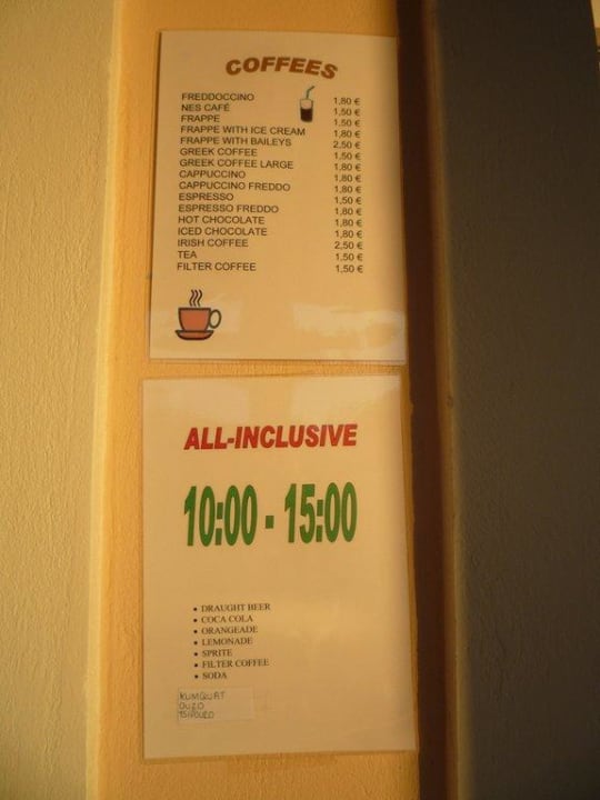 Getränkekarte im Thinalos Hotel Ionian Princess & Thinalos