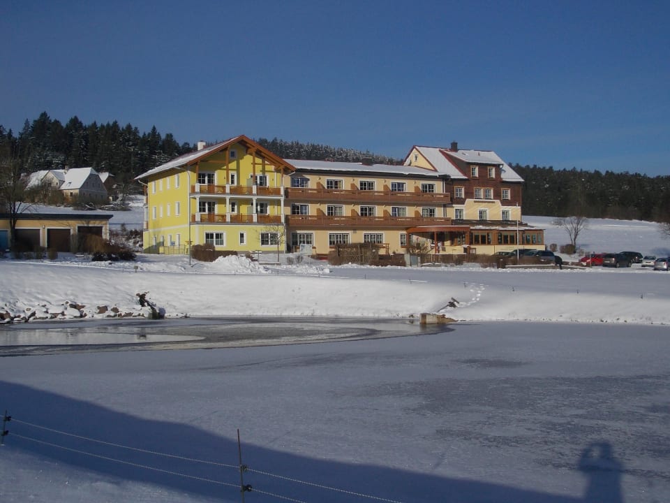 Blick vom Teich zum Hotel Gasthof Pension Nordwald