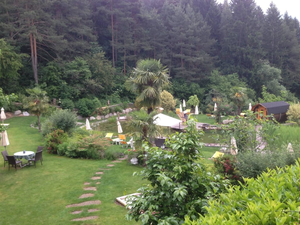 Von Außenterrasse mit Schwimmteich Alpwell Hotel Burggräfler