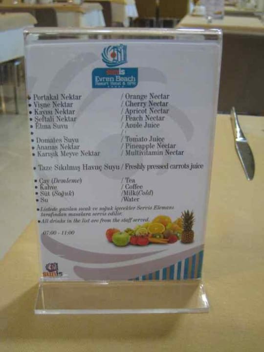 Carte boissons petit déjeuner Sunis Evren Beach Resort Hotel & Spa