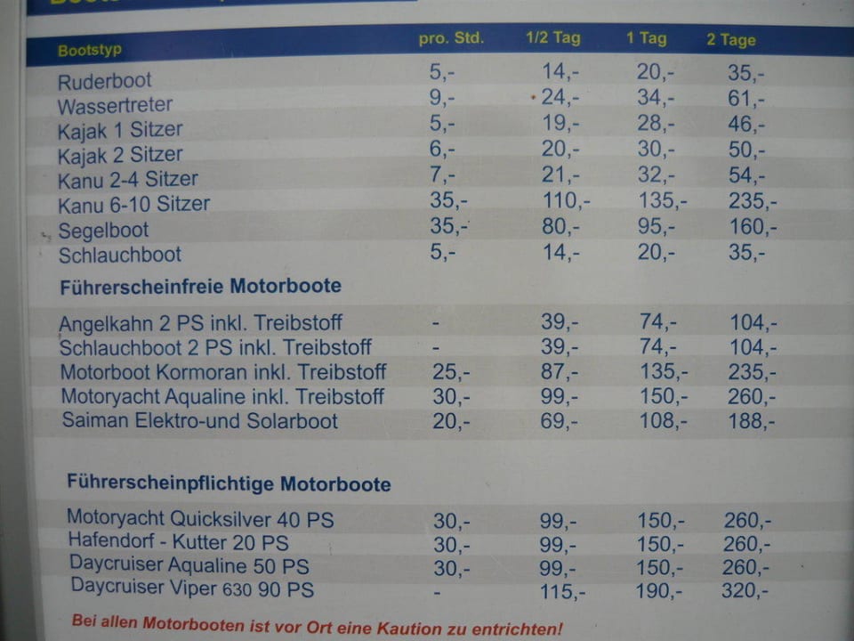 Preisliste Bootsvermietung Precise Resort Hafendorf Rheinsberg