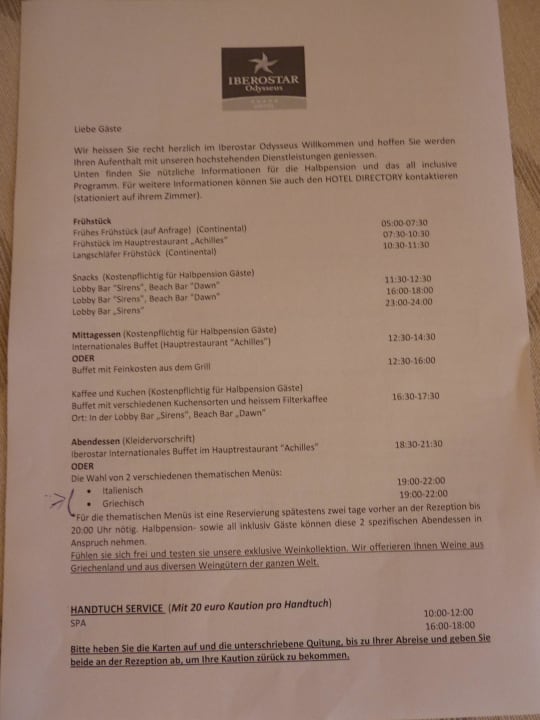 Übersicht bzgl. Essenszeiten usw. Astir Odysseus Kos Resort & Spa