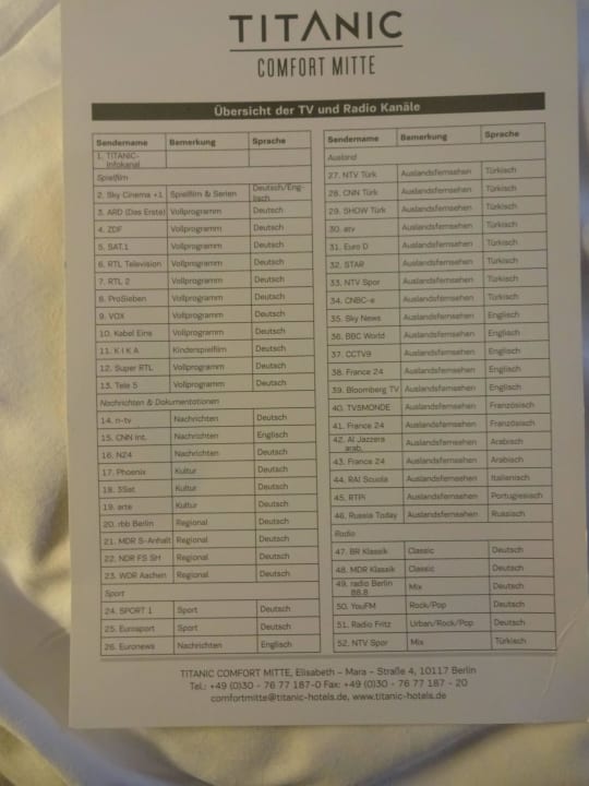 TV Liste TITANIC Comfort Berlin Mitte